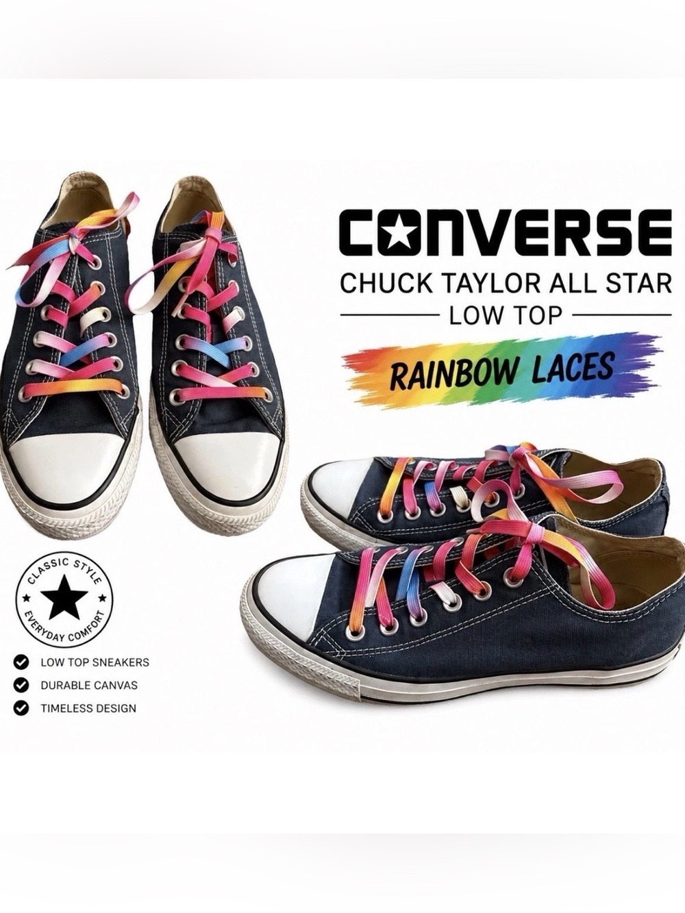 Converse Chuck Taylor All Star Low Navy Women’s Size 8 colorful laces